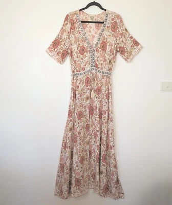 $35 • Buy Dreamcatcher Long Maxi Dress Short Sleeves Floral Boho White Pink Brown 14 XL