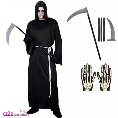 Adult Mens Grim Reaper Costume + Skeleton Gloves + Scythe Halloween Fancy Dress • £20.99