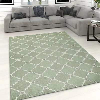 Cotton Washable Rug Green Cream Trellis Pattern Large Small Runner Room Area Mat • £67.99