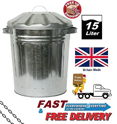 Galvanised Metal Bin 15L Home Garden Rubbish Waste Dustbin Feed Storage Bin • £14.99