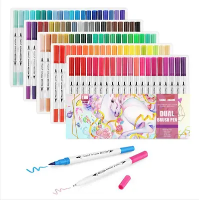 $32.99 • Buy 100 Colors Dual Tips Brush Drawing Pens Watercolor Art Markers Set For Coloring