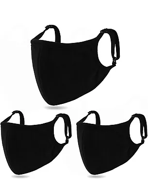 3 Pack Black Fabric Face Masks 3 Layers Reusable Washable Cloth Adjustable Strap • $4.20