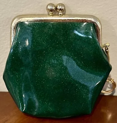 Vintage Baronet Sparkly Emerald Green & Gold Coin Purse Keychain W/Kiss Lock • $4.99