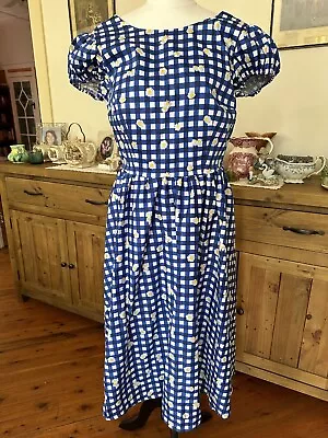 Collectif Sz 12 NWT Blue White Gingham Daisy Dress Rockabilly 50s Vintage Style • $50