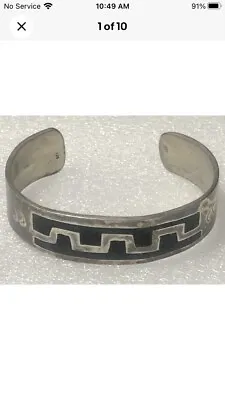 Vintage Navajo Sterling Silver Cuff Bracelet W/onyx Or Jet Inlay  31g Marked 925 • $89.99