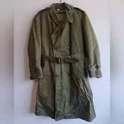 Vintage 1953 Men's Medium Short Military Trench Overcoat Army Green Wool Belted • $49