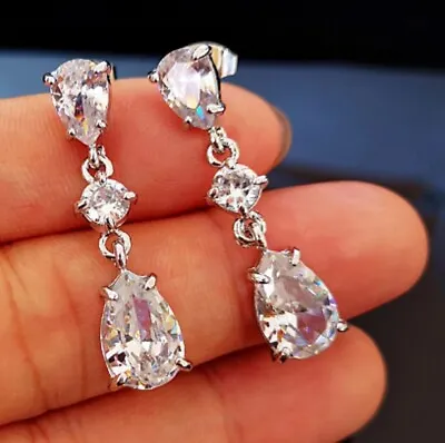 Long White Clear Tear Drop Zircon Crystal Chandelier Earrings Stud Pierced E176 • £7.49