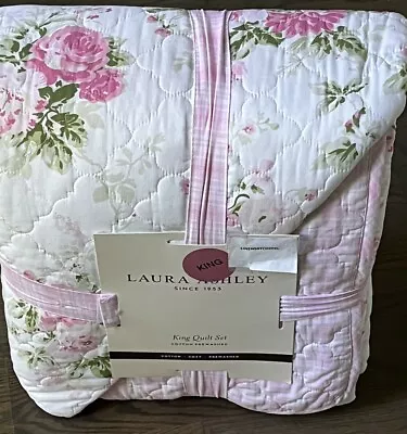 Laura Ashley Ashfield Pink & White Floral  Reversible Cotton King Quilt Set 3pc • $117.99