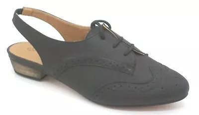 Ladies Size 4 5 Odeon Black Low Heel Lace Up Flat Slingback Brogue Pattern Shoes • £9.99