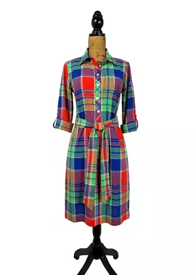 Talbots Womens Shirt Dress 8 Madras Plaid Belted Pockets Roll Tab Sleeves Cotton • $21.99