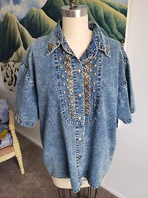 Vtg Pretty Bleu Denim Shirt Acid Wash Women's Large Button Up Bedazzled 80s  • £25.25