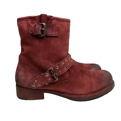 Vintage Foundry Miriam Boots Red Suede Studded Buckle Harness Zip Up Women 7.5 • $78.37