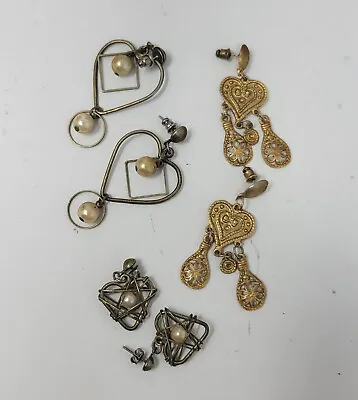 3 Vintage Pairs Bohemian Gypsy Pierced Earrings Heart Themed Mixed Materials  • $15.99