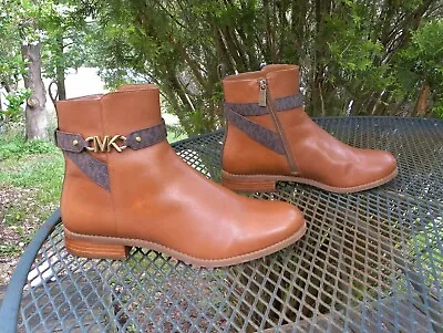MICHAEL KORS Leather Chelsea Boots Luggage Farrah Ankle Block Heel Zip Women 10M • $44.95