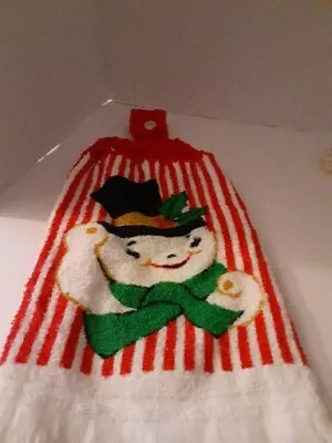 Vintage Snowman Christmas Terry Towel Waving Red/White Stripe Crochet Hanger USA • $8.90