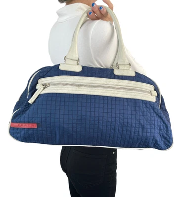 $561.59 • Buy PRADA Sport Vintage Logo Handbag Club Bag Quilting Nylon Leather Blue RankAB