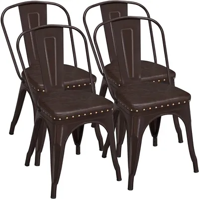 4 PCS Metal Dining Chairs PU Leather Coffee Chair Stackable Kitchen Chairs Brown • $124.99