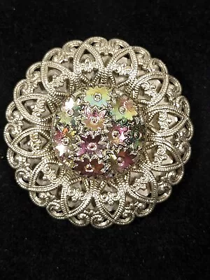 Vintage West Germany Iridescent Lucite Flower Round Silver Tone Scarf Clip • $9.09