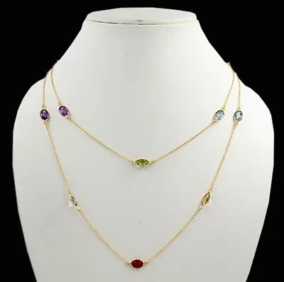 Station NecklaceGenuine Multi Gemstone Jewelry Gold Plated 925 Sterling Silver  • $49.49