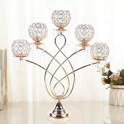 £45.60 • Buy Wedding Candle Holder 5 Arms Candelabra Chandelier Crystal Votive Gold Decor UK