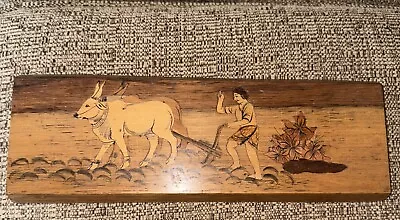 Vintage Hand Tooled Wood Wall Art Plaque Oxen  Plowing. • $45