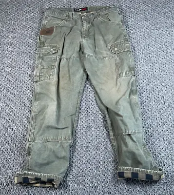 Distressed Wrangler Ripstop Flannel Lined Cargo Pants Men's 36 X 32 Army Green • $30