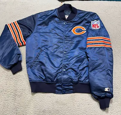Chicago Bears Jacket Mens Medium Blue Vintage 80s Starter Satin Snap Made In USA • $103.99