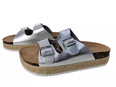 New Womens M&s Uk 7 Metallic Silver Double Buckle Flatform Sandals Rrp £29.50 • £18.49