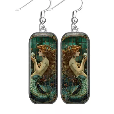 Teal Mermaid Earrings Fantasy Folklore Art Nouveau Art Print Sterling Silver • $12.95