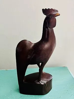 Vintage Lucky Hand Carved Solid Wood Rooster Farm Country Home Decor Brown • $40