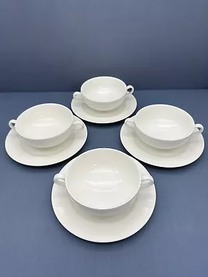 Villeroy & Boch LOOK White Herringbone CREAM SOUP BOWL & SAUCER SETS Set Of 4 • $199.99