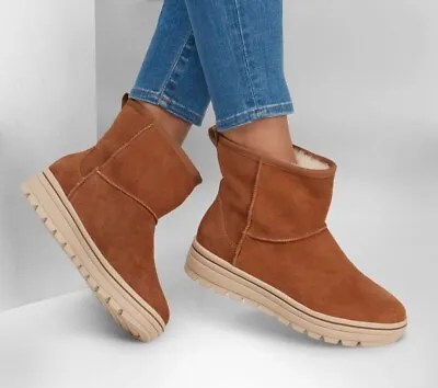 NEW Ladies Skechers Brown Leather Street Cleats - Luxury Chillz Boots / Booties • $14.95