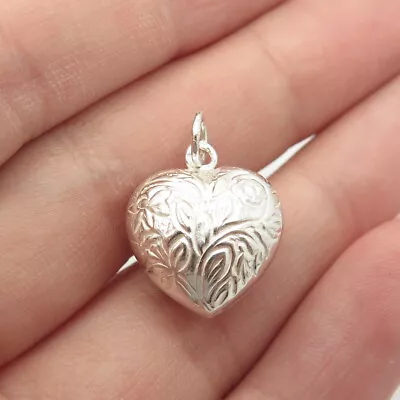 925 Sterling Silver Vintage Floral Puffy Heart Charm Pendant • $22.95