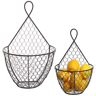 Set Of 2 Wall Mounted Brown Chicken Wire Metal Baskets / Hanging Display Holders • $37.99