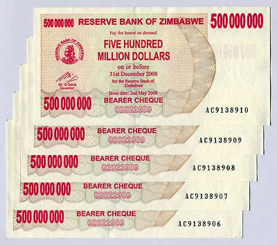 Zimbabwe 500 Million Dollars X 5 Pcs 2008 P60 Consecutive VF Currency Bills • $42.22
