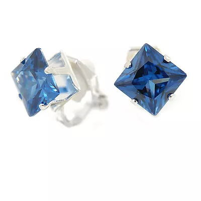 Small Square Clip-on Earrings In Silver Tone/ Blue/ 8mm D • £7.80