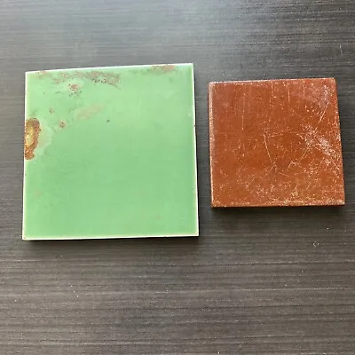 Lot Of 2 Antique Glazed Square Floor Tiles Named 1 A.E.T. Co No 5 Red Green • $5.95