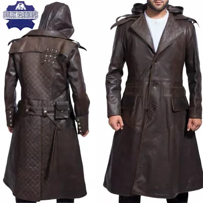 Assassin's Creed Jacob Genuine Brown Men's Real Leather Trench Long Overcoat • $59.99