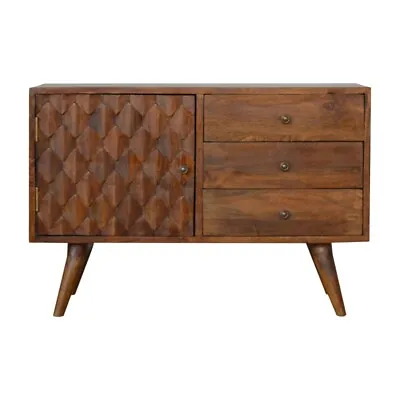 Dark Wood 88cm 3 Drawer Sideboard Cabinet Swoon Geo 3D Carved Mid Century Modern • £359