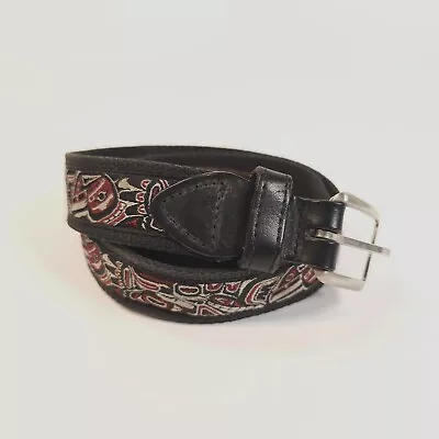 Native American Mens Belt Size 40 Cloth Leather Pacific NW Whale Red Black • $22.50