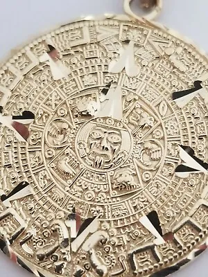 $389 • Buy 14k Solid Real Yellow Gold Diamond Cut Mexican Aztec Calendar Sun Mayan Pendant