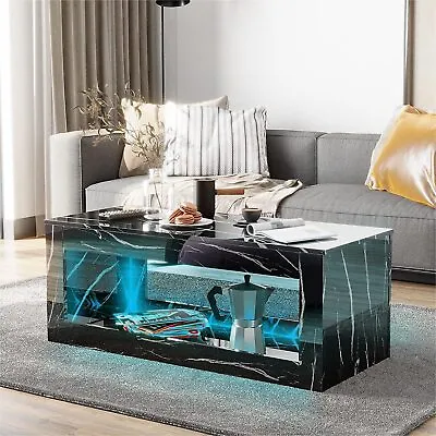 47.3IN Modern High Glossy Large Coffee Table With Marbling Print APP LED Lights • $169.99