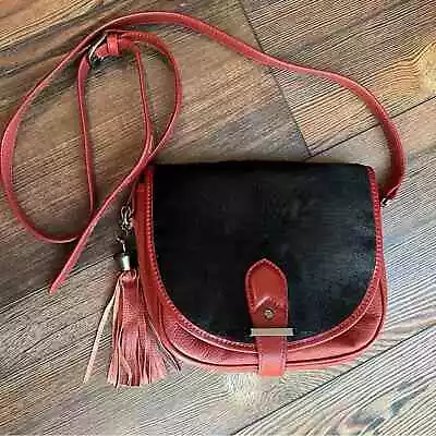 JOES JEANS Red Black Genuine Leather Crossbody Bag Purse Tassel  7.5 X 8.5  X 3  • $60