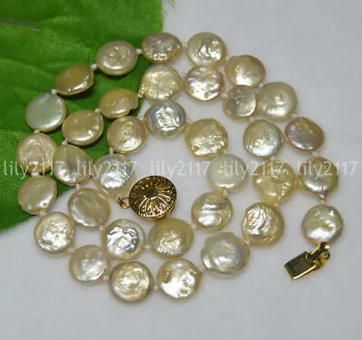 Real Natural 11-12MM Akoya Light Gold Coin Pearl Jewelry Gorgeous Necklaces 18  • $11.69