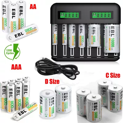 Lot EBL AA AAA C D Cell Rechargeable Batteries NI-MH 1.2V Battery Or LCD Charger • $13.99