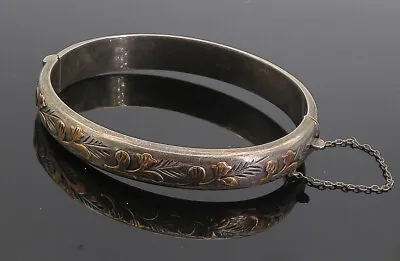 ENGLAND 925 Silver & 18K Gold - Vintage Antique Floral Bangle Bracelet - BT3857 • $169.98