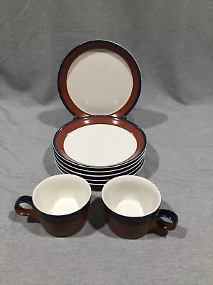 6 Mikasa Potters Art Fire Song 8” Salad Plates & 2 Mug Cup Ben Seibel Brown Blue • $75