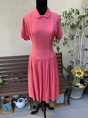 1940s 1950s Pink Peter Pan Collar Drop Waist Dress With Rose Appliqués XS • $100