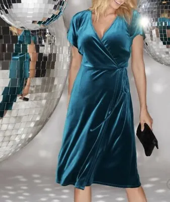 BRAVISSIMO Teal Lottie Dress Velvet Midi Wrap Evening Party Wedding RRP 70 BR183 • £39.99