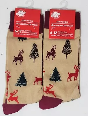 SET OF 2 Reindeer / Tree Christmas Men / Woman Crew Socks Size 6-12 Unisex Pair • $6